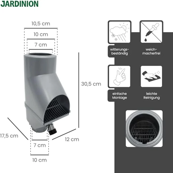 Jardinion Regenwasserfilter Laubabscheider, 30,5 x 12 x 17,5cm, Silber, für Fallrohre DN75 und DN85 mit Überlaufstop – Bild 2