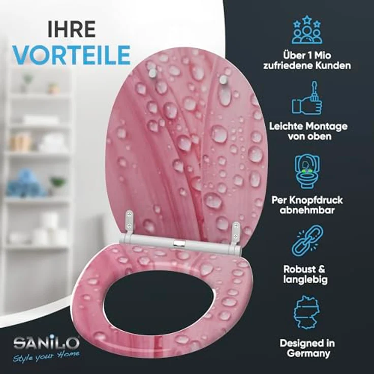 Sanilo WC Sitz Pink Flower, Toilettendeckel mit Absenkautomatik aus hochwertigem Holz, antibakterielle Oberfläche, für alle gängigen WC-Becken – Bild 2