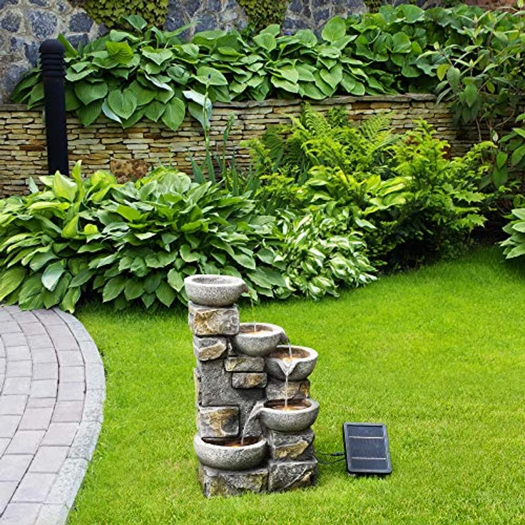 Teamson Home Solar-Wasserbrunnen aus Stein mit Ornamenten und LEDs PT-SF0003, 8 Liter Fassungsvermögen, 160 L/H Durchflussrate, 2M Kabellänge, Lithiumbatterie 7,4V/2000mA, 120V Spannung, 68,6 x 43,2 x 30,5 cm, für Innen- und Außenbereich geeignet, Batterie-Backup-Pack – Bild 3
