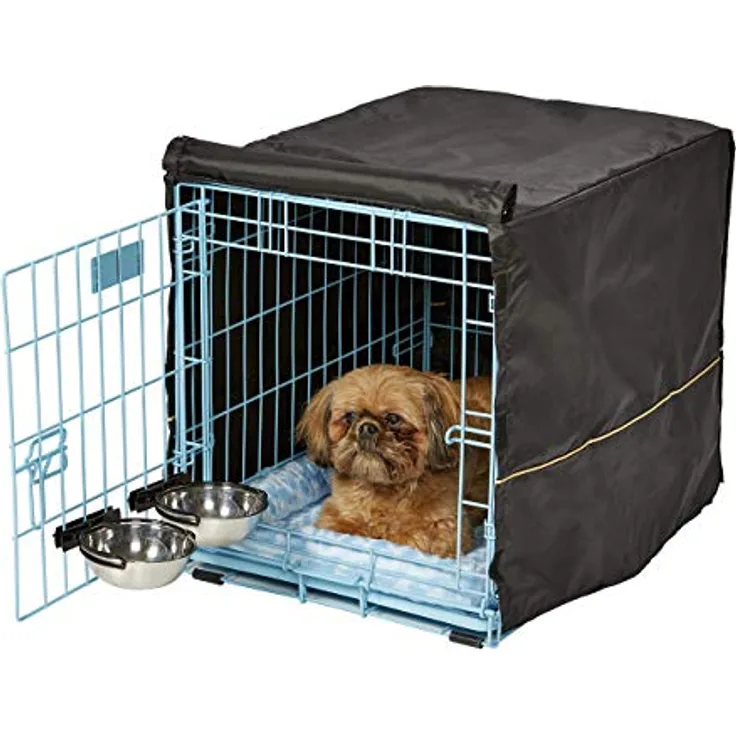 iCrate Hundekäfig-Starter-Set, 61 cm, ideal für kleine Hunderassen mit einem Gewicht von 5,9-11,3 kg, inklusive Hundebox, Haustierbett, 2 Futternäpfen und Hundekäfig-Abdeckung (blau)