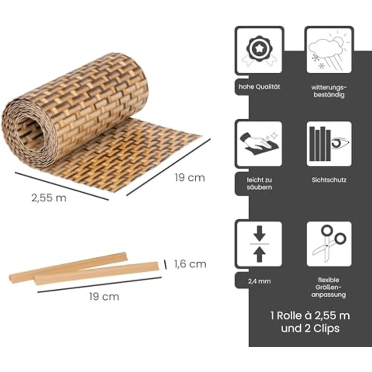 Jardinion Sichtschutzstreifen Rattan Optik, 250 x 19 cm, hellbraun, wetterfest und UV-beständig, inkl. 2 Befestigungsclips – Bild 3