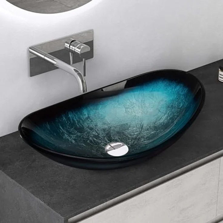 Mai & Mai Aufsatzwaschbecken Glaswaschbecken Handwaschbecken Waschbecken Glas Waschschale Oval Blau BxTxH 53,5x35,5x16 cm Minerva08 – Bild 1