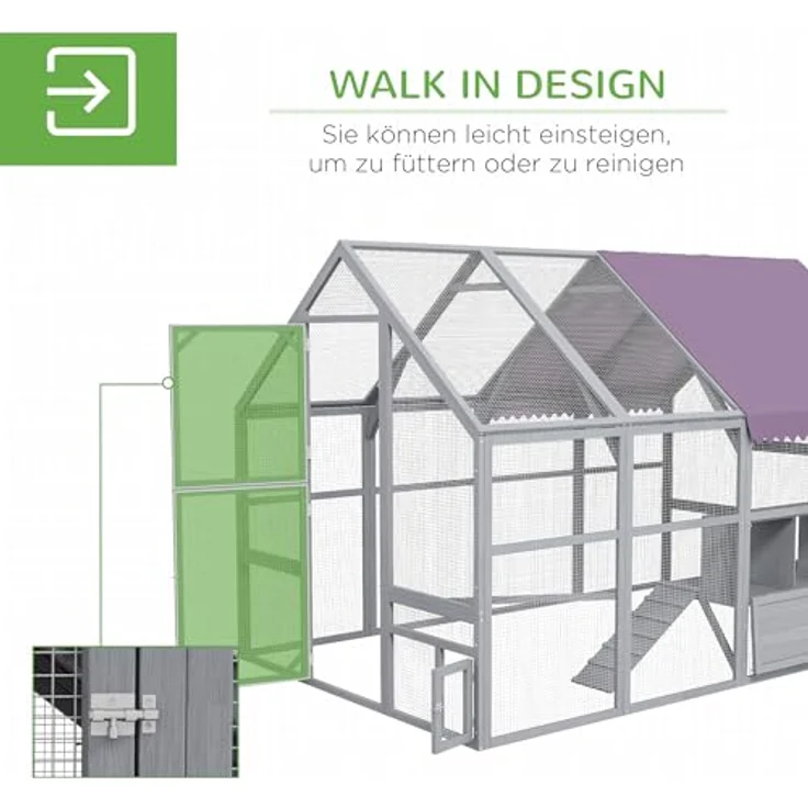 PawHut Hühnerstall Freilaufgehege aus Holz, 280 x 185,5 x 188 cm, mit Tür, Nistkasten, Dach und Rampe, für 8-12 Hühner, grau – Bild 4