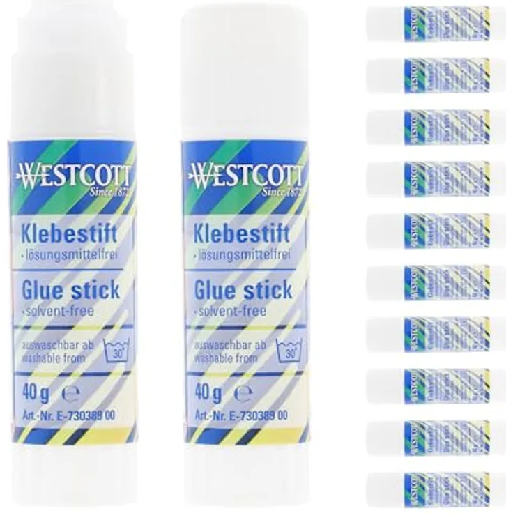 Westcott Klebestift 40g (12 Stück) | 12-er Vorteilspack Bastelkleber mit 2,5cm transparentem Klebestreifen | Klebt stark und dauerhaft | 100% lösungsmittelfrei | Bei 30° abwaschbar | E-730389 00
