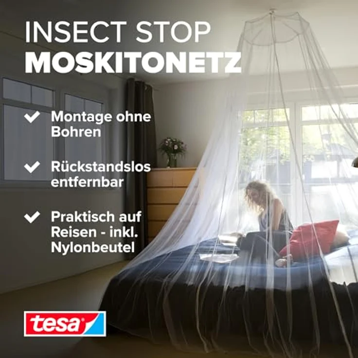 tesa Fliegengitter Moskitonetz mit Powerstrips Deckenhacken – Bild 3