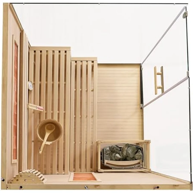 Artsauna Sauna Vantaa 175, BxTxH: 175 x 140 x 190 cm, 5 mm, 2 große Salzsteine, Ambientebeleuchtung, Schwarz/Natur, 8 kW Ofen und Saunasteine, 4 Personen Saunakabine – Bild 9