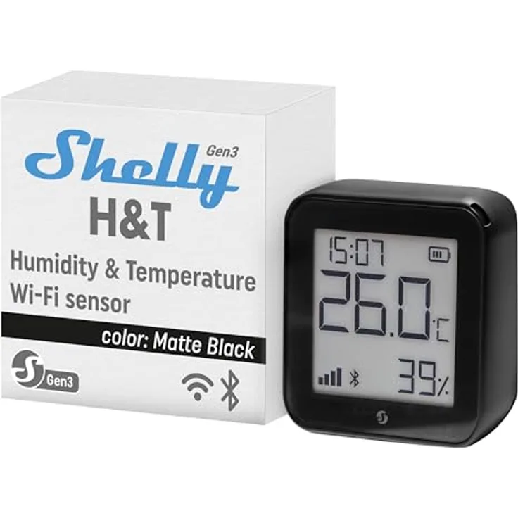 Shelly H&T Gen 3 Matte Black, Wlan-Thermometer + Hygrometer mit E-Paper-Display, schwarz