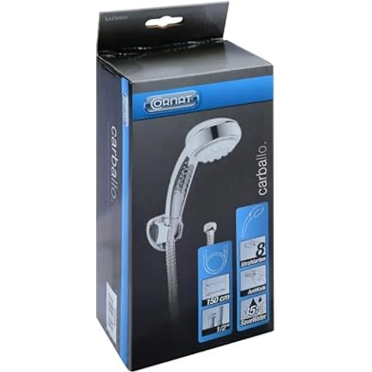 Cornat Brause-Set "Carballo" - Handbrause 75 mm - 8 Strahlarten: Normal-, ECO-, Soft und Massagestrahl- Anti-Kalk und Wasserspareinsatz- 150 cm Brauseschlauch / Set für Dusche und Badewanne / SA330695 – Bild 4