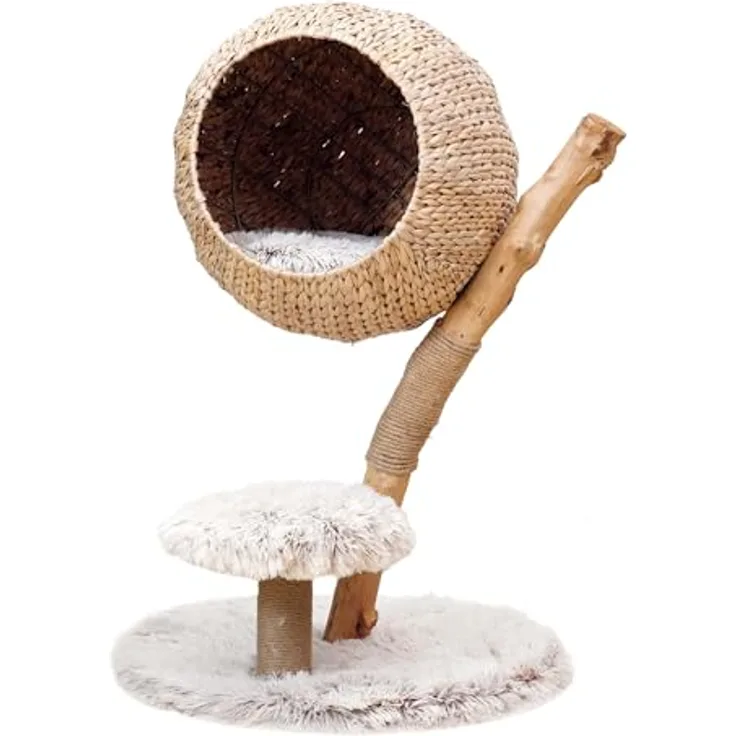 Fudajo Kratzbaum Zweigdesign mit Katzenkorb 83 cm hoch, Designer Katzenkratzbaum mit Liegekorb in Flecht-Optik, Katzenbaum aus Holz mit Plüsch, Naturfarben