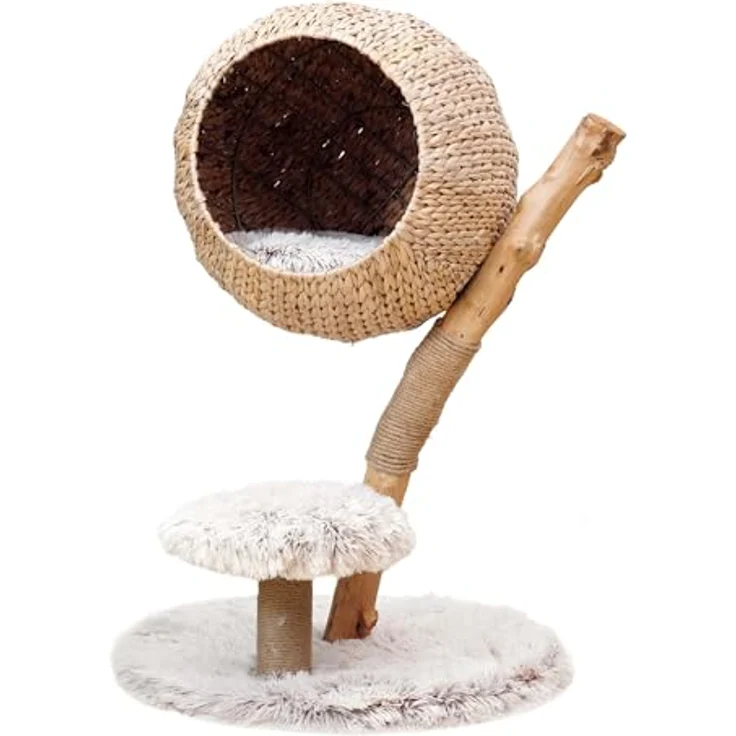 Fudajo Kratzbaum Zweigdesign mit Katzenkorb 83 cm hoch, Designer Katzenkratzbaum mit Liegekorb in Flecht-Optik, Katzenbaum aus Holz mit Plüsch, Naturfarben – Bild 1