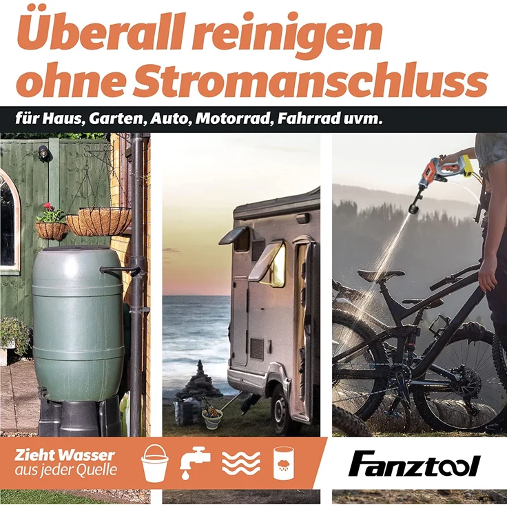 Fanztool Akku Hochdruckreiniger 20V mit 5-in-1-Multifunktionsdüse, 24 Bar Druck, Fördermenge 150 l-h, inkl. 6 m Schlauch mit Filter und 5 Liter Eimer – Bild 4