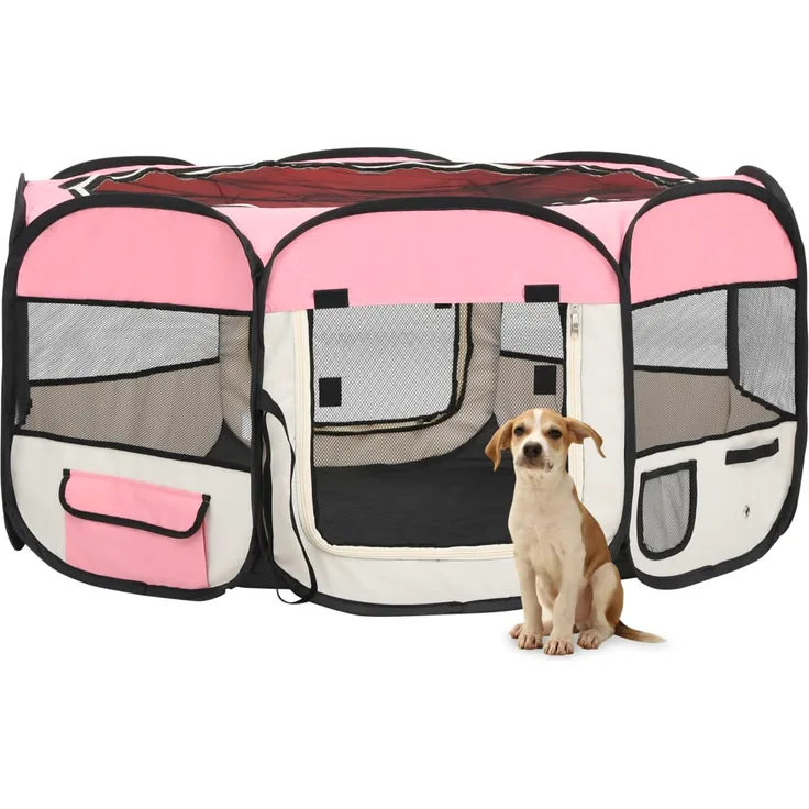 vidaXL Faltbarer Welpenlaufstall mit Tragetasche Rosa 145x145x61 cm