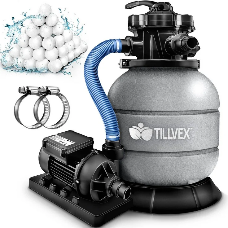 tillvex Sandfilteranlage 7.900L/h, Filteranlage mit 400g Filterbällen, Pumpe und 7-Wege Ventil, strahlwassergeschützt, Metallgehäuse