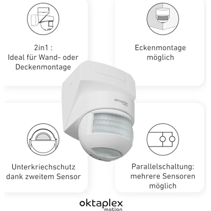 Oktaplex motion Lea Bewegungsmelder Außen, IP54, Infrarot Sensor 180°, Reichweite 12 m, Wand-/Deckenmontage, 230V, LED geeignet, weiß – Bild 2