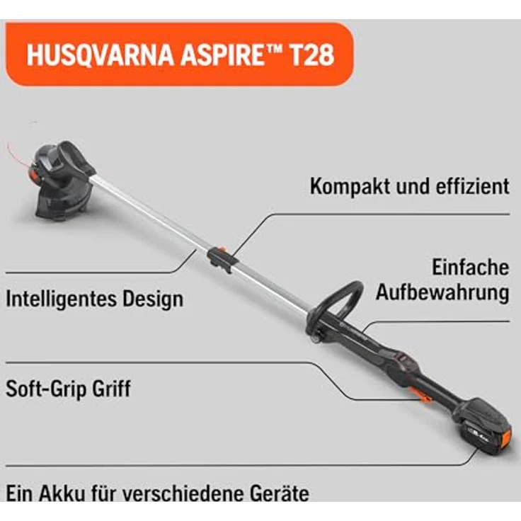 Husqvarna Akku-Rasentrimmer Aspire T28-P4A, 18 V mit 4,0 Ah Akku und Ladegerät, schwarzes Design mit orangefarbenen Details, automatische Schnittlängenanpassung, Pflanzenschutzbügel, verstellbarer Teleskopschaft – Bild 9