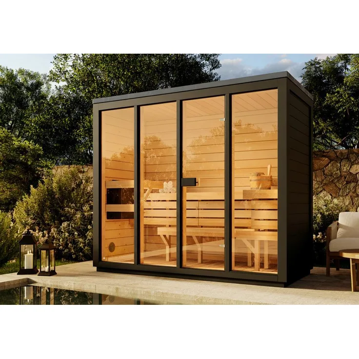 FinnTherm Gartensauna Kuuma L, Schwarze Gartensauna aus nordischer Fichte für bis zu 4 Personen, 242x111cm