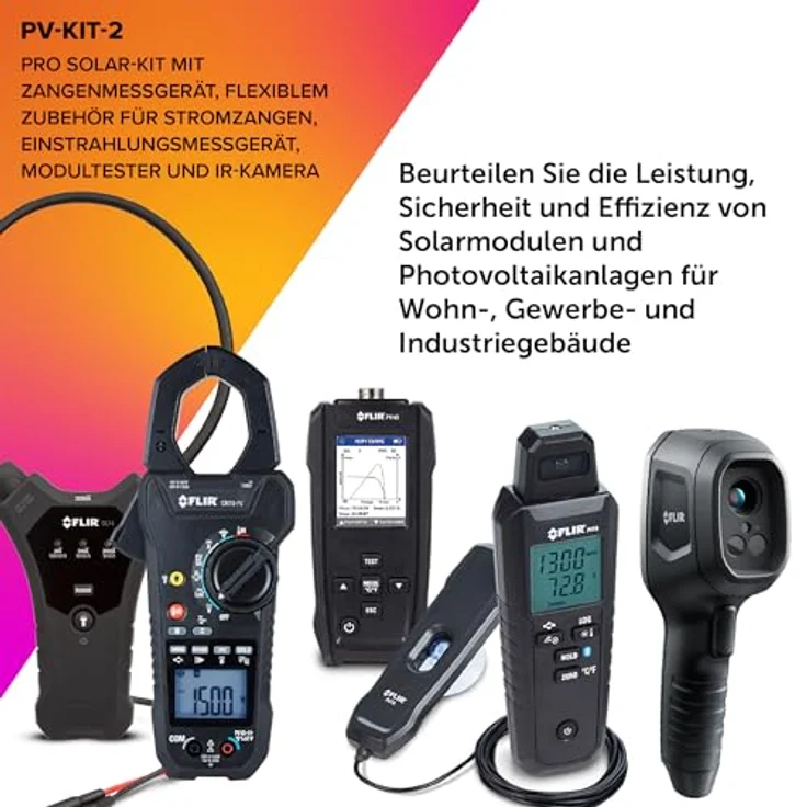FLIR PV-KIT-2, Pro Solar-Fehlerbehebungskit für Photovoltaiksysteme mit Zangenmessgerät, Bestrahlungsstärke- und Temperaturmessgerät, Paneltester und Wärmebildkamera – Bild 2
