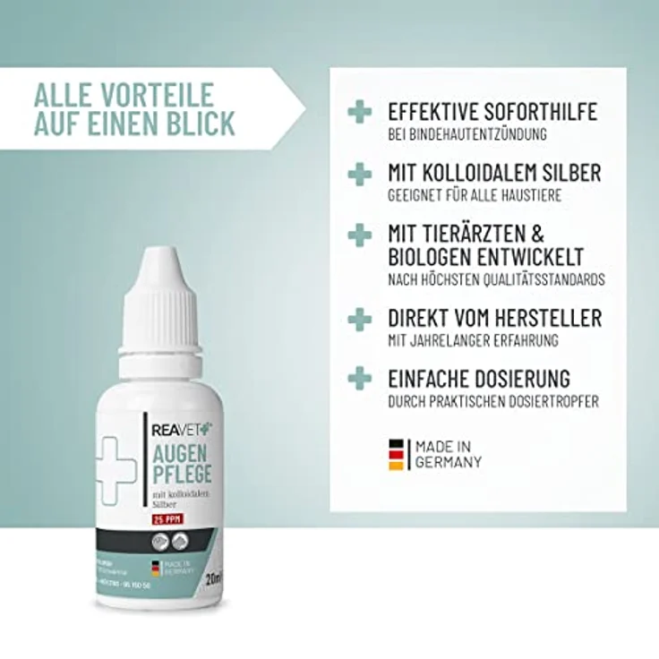 ReaVET Spezial Augentropfen für Hunde und Katzen 20 ml, bei gereizten Augen und Tränenflecken, Augen Pflege mit kolloidalem Silber – Bild 2