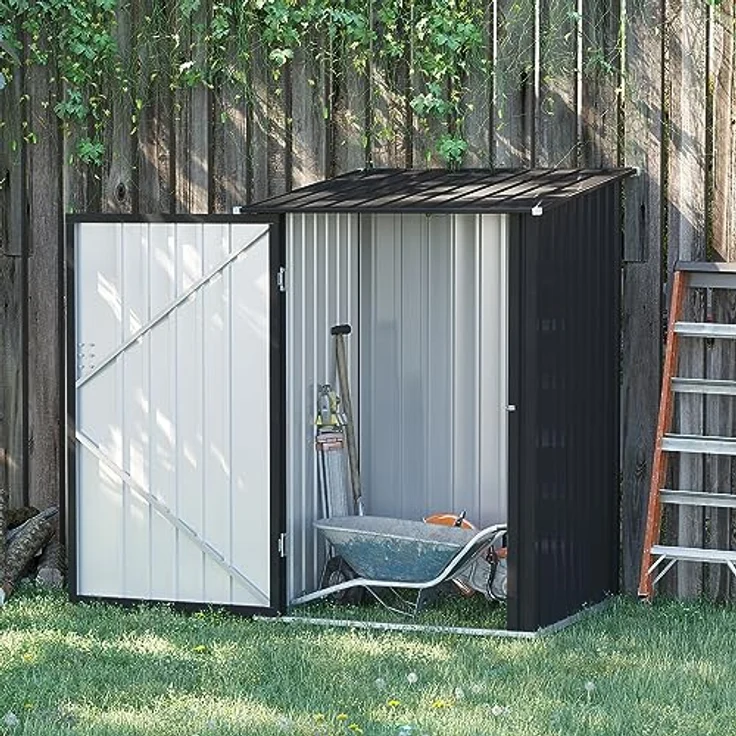Outsunny Gerätehaus aus Stahl, 0,92 m² Geräteschuppen mit Pultdach Gartenschrank abschließbar, Gartenschuppen für Balkon, Terrasse, 100 x 103 x 160 cm, Dunkelgrau – Bild 2