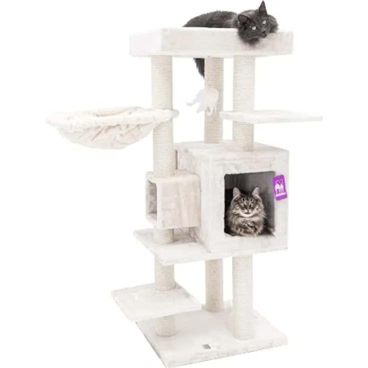 Petrebels Design Kratzbaum, Cleopatra 134 cm, Creme Farbe, Katzenkratzbaum mit XL Liegemulde, Katzenhöhle und dicken Ø 9 cm Natursisal Stämmen