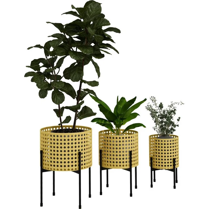 Outsunny Blumenständer 3er-Set Pflanzenständer mit Rattanoptik, für Innen und Außenbereich Stahl Gold