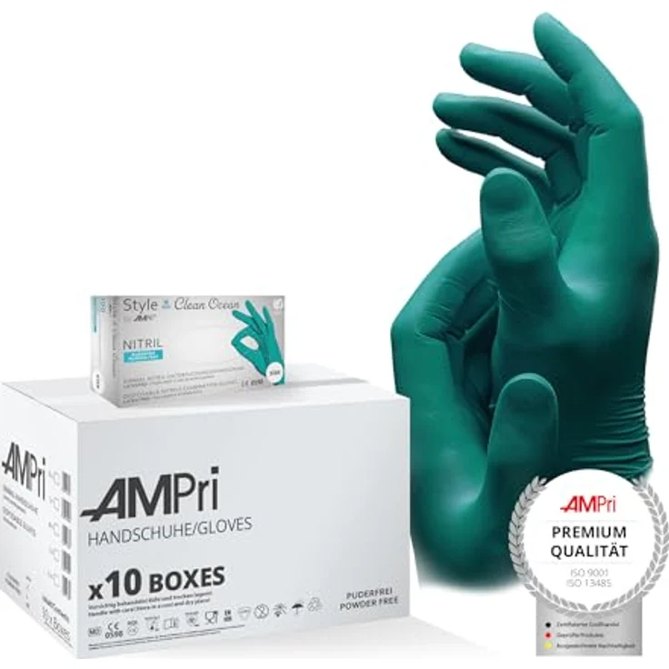 AMPri Nitrilhandschuhe CLEAN OCEAN, grün, 10 Box a 100 Stk, Größe S, puderfrei, reißfest und hautfreundlich, unisex – Bild 1