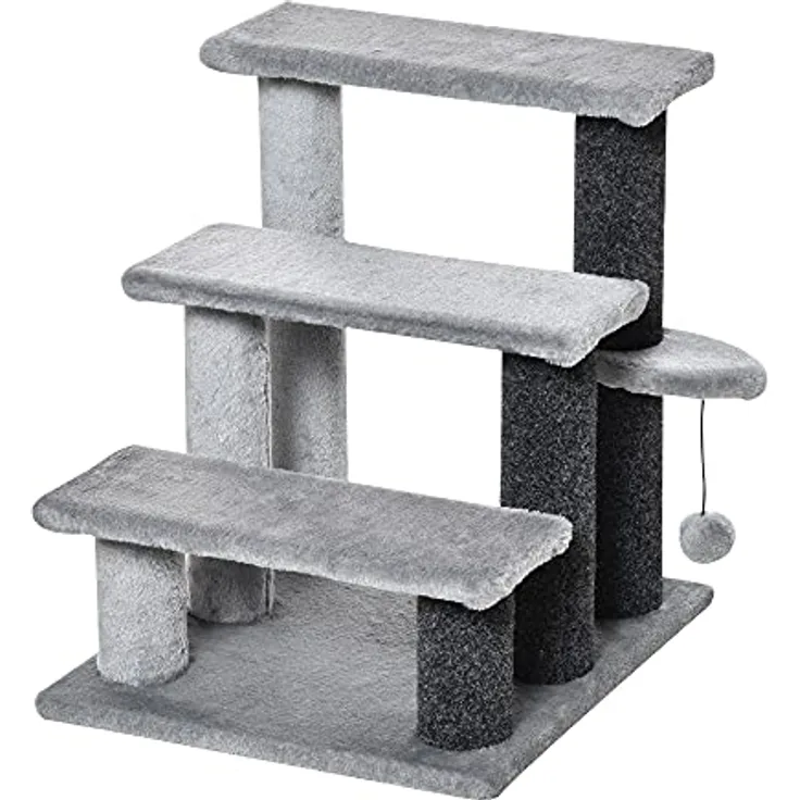 Pawhut Haustiertreppe mit Kratzbaum Ball 3-stufige Katzentreppe Hundetreppe Tiertreppe Spanplatte Plüsch Jute Grau 45 x 40 x 48 cm