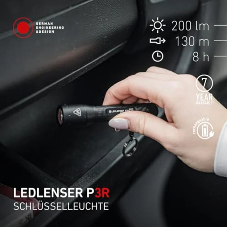 Ledlenser P3R Mini LED Taschenlampe, wiederaufladbar, 200 Lumen, 130m Fokus, IP54, 8 Stunden Laufzeit, 41g Schlüsselanhänger für Camping und Hundespaziergänge – Bild 2