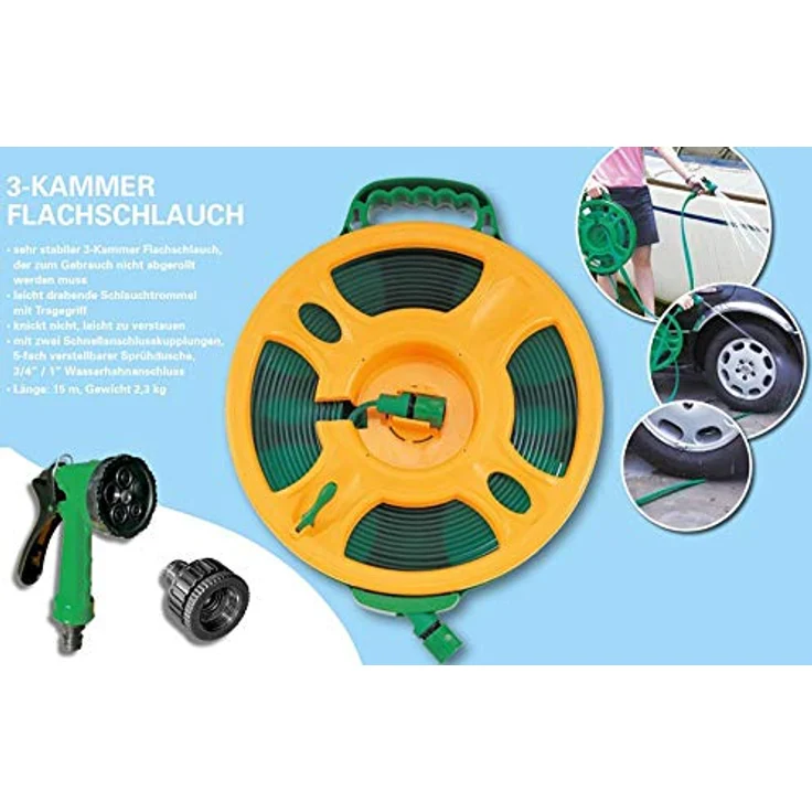 YACHTICON 3-Kammer Flachschlauch 15m, praktischer Flachschlauch mit drehbarer Schlauchtrommel und Tragegriff, geringes Gewicht von 2,3 kg – Bild 2