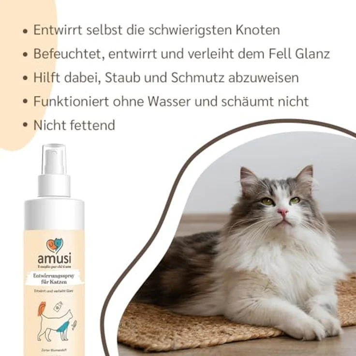 Amusi Fellpflege Katzen Haar Entwirrungsspray, 100% Natürlich und Vegan, 250 ml, für alle Fellarten, löst Knoten und macht das Fell weich und glänzend, ohne Ausspülen, mit floralen Noten – Bild 4