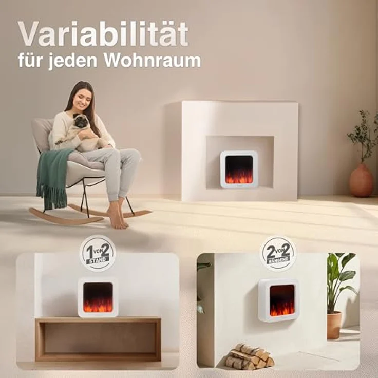 KAMINIO Elektrischer Tischkamin Mia L - 3D-Flammeneffekt, tragbarer Akku, Wand- und Tischmontage (Weiß, 10"/25cm) – Bild 2