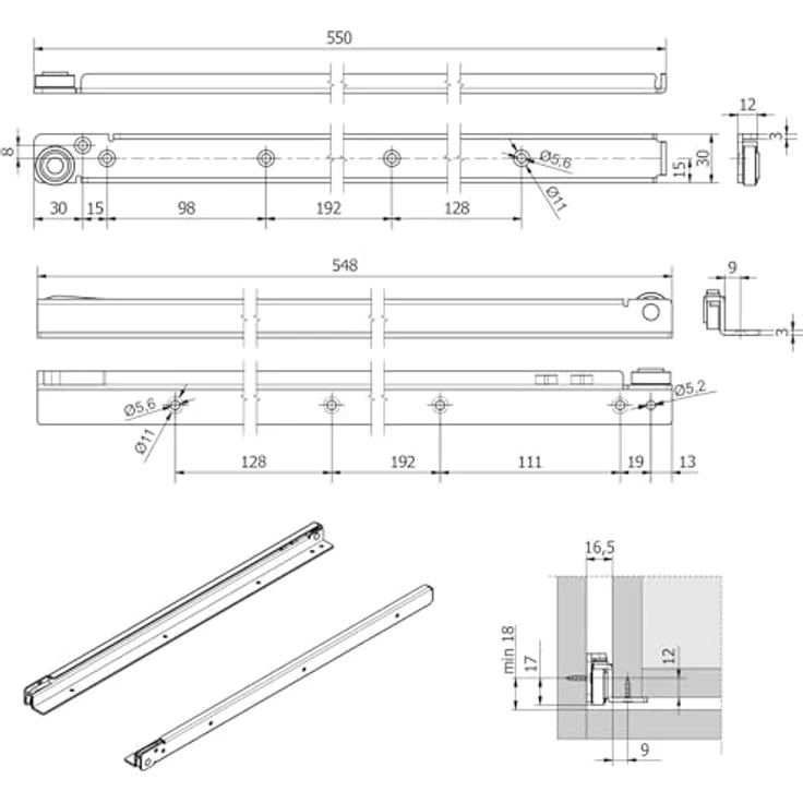 SOTECH RT1-100-B16-L550-NF, Schwerlast-Teilauszug mit 100 kg Tragkraft, 550 mm Länge, verzinkter Stahl – Bild 7