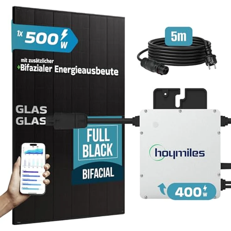 SUNNIVA® 500W Balkonkraftwerk BIFAZIAL FULLBLACK, Komplettset mit 400W HOYMILES Wechselrichter, 1x 500W N-Type Glas-Glas Bifacial Solarmodul, 5m Kabel, hohe Energieeffizienz und stabile Bauweise – Bild 4