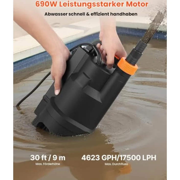 VEVOR Tauchpumpe 690W, 17500L/h PP-GF20, 9m Förderhöhe mit automatischem Schwimmerschalter – Bild 2