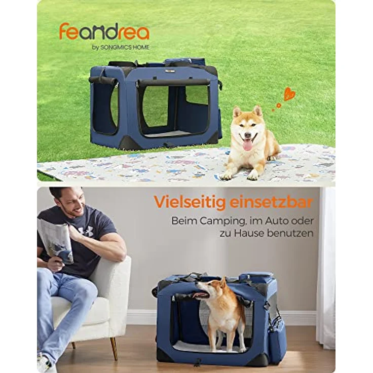 Feandrea Hundebox faltbar, Transportbox Hund, Größe L, Hundetasche, Oxford-Gewebe, Netzstoff, atmungsaktiv, tragbar, transportabel, Metallrahmen, mit Griffen, Taschen, 70 x 52 x 52 cm, dunkelblau – Bild 2
