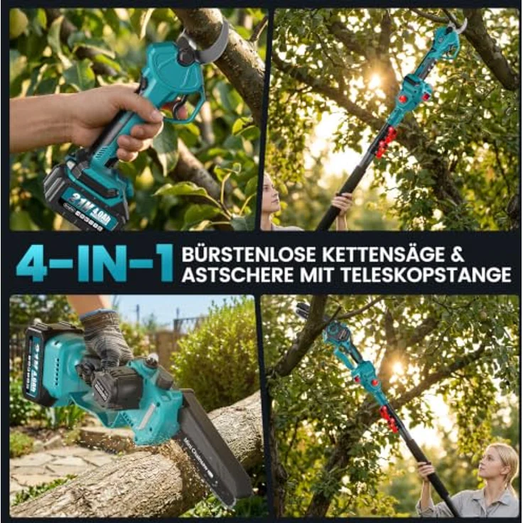 Bundviel Akku-Hochentaster 4-in-1, bürstenlose Elektro-Kettensäge mit Teleskop-Verlängerung bis 23,5 m, 2× 4000mAh Akku für Gartenpflege und Obstgärten – Bild 2