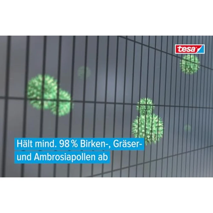 tesa Pollenschutzgitter im 2er Pack- zuschneidbarer, transparenter Pollenschutz für Allergiker - für nach innen öffnende Fenster - inkl. selbstklebendem Klettband - Anthrazit - 2x 130 cm x 150 cm – Bild 4