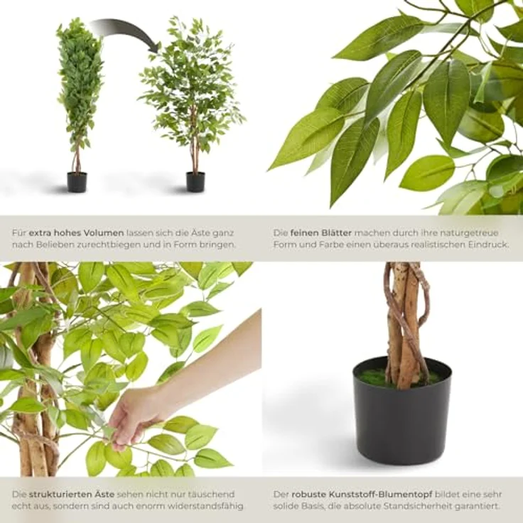 tectake® Ficus künstliche Zimmerpflanzen, Kunstblumen wie echt, Deko für alle Räume, Fake Plant, 120 cm – Bild 4