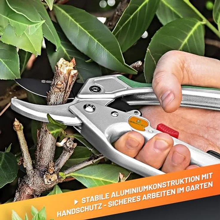 GRÜNTEK Amboss Gartenschere KONDOR 200 mm, automatisch zugeschaltete Ratsche, bis Ø24 mm, SK5 Klinge, Aluminium-Griffe mit PVC Beschichtung, inkl. Ölschwamm und Schärfer, grün – Bild 5