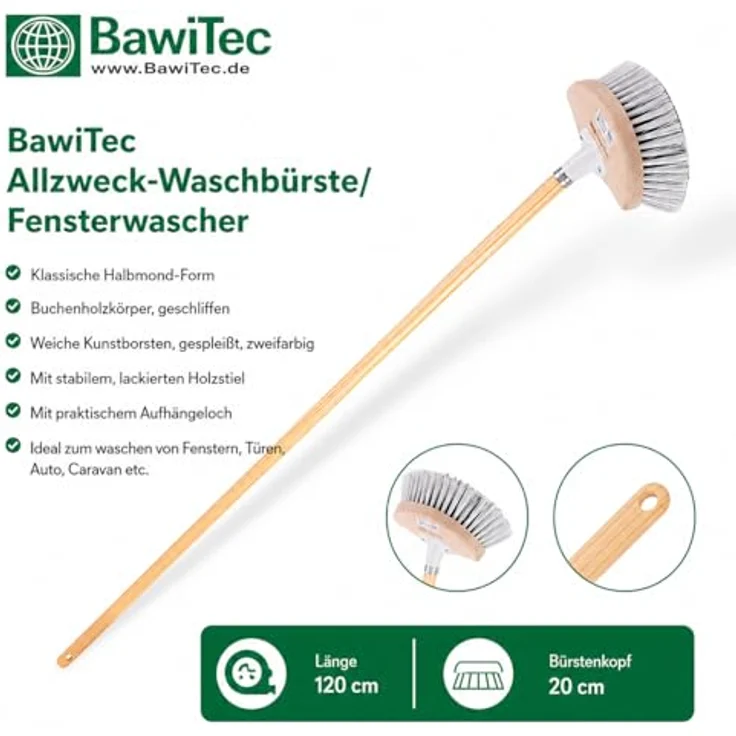 BawiTec Waschbürste Fensterwascher Halbmond mit Holzstiel – Bild 3