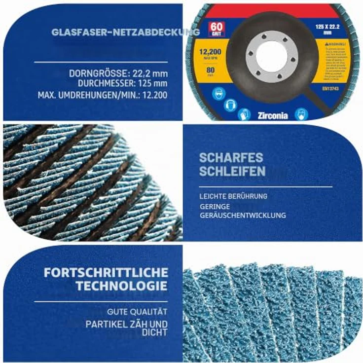WORKPRO Profi Fächerscheiben 10 Stück Ø 125 mm x 22,2 mm, Körnung 60, Blau, für Edelstahl, Metall und Holz – Bild 2