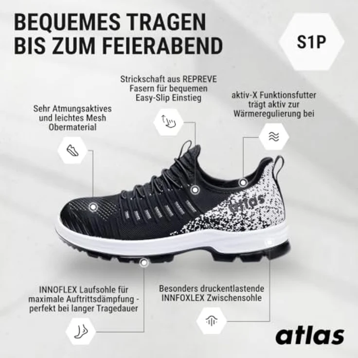 Atlas Sicherheitsschuhe 28200 FAST 12, ultraleichte Arbeitsschuhe mit durchtrittsicherer Sohle, schwarz/weiß – Bild 4