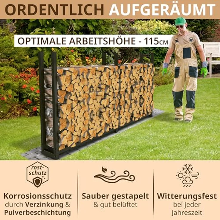 LAWA Living and Lifestyle Kaminholzregal Metall, verzinkt, 223x25x115 cm, tragfähig bis 800 kg, für 25–55 cm Holzscheite, ideal für Terrasse und Garten – Bild 3