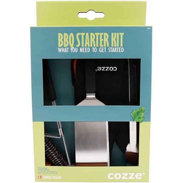 Cozze® Grillbesteck Set – 4-teiliges BBQ Set aus rostfreiem Edelstahl mit Grillzange, Wender, Grillbürste & Grillhandschuh, ideal für Gasgrill, Geschenk für Männer & BBQ-Fans