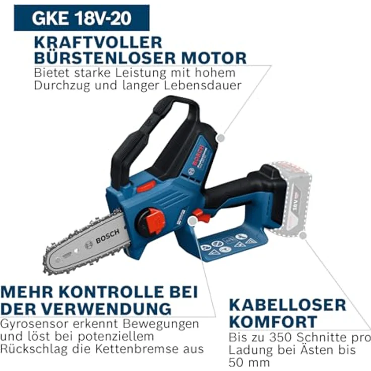Bosch Hausgeräte GKE 18V-20 Professional, Akku Kettensäge mit bürstenlosem Motor, automatischem Kettenschmiersystem und Gyrosensor – Bild 3