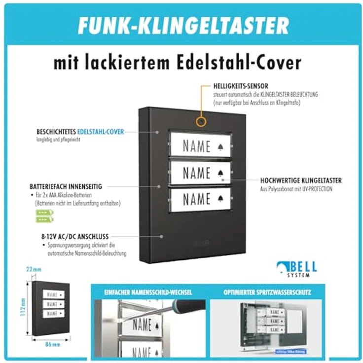 m-e Funkklingel BELL-523 BO, Edelstahl Anthrazit, Erweiterbare kabellose Türklingel mit 300 Meter Reichweite für 3-Familienhaus, Batterie betrieben, 16 Klingeltöne, IP44 spritzwassergeschützt – Bild 5