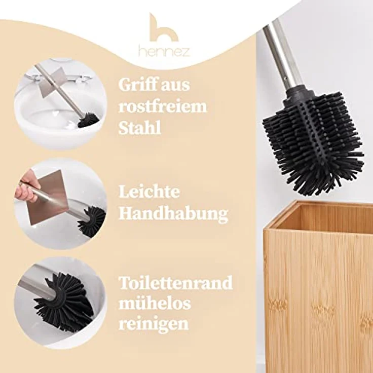 HENNEZ Toilettenbürste Silikon mit Bambus Bürstenhalter - Silikon Toilettenbürste mit Halter Toilettenbürstenhalter WC Bürste Klobürste Silikon Klobürste Toilettenbürste Silikon WC Bürste Kloreiniger – Bild 2