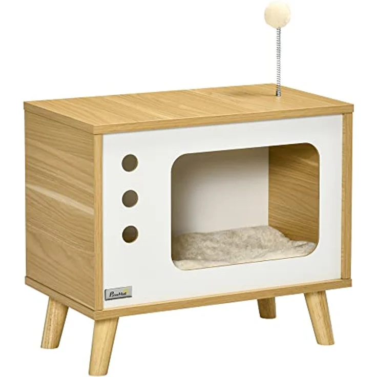 PawHut Tierhaus im TV-Design, inkl. Spielzeug und waschbarem Kissen, Eiche+Beige+Weiß, 50B x 28T x 43H cm – Bild 1