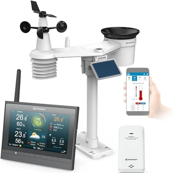 Bresser MeteoChamp 7-in-1 Wetterstation, WLAN mit Solar-Aussensensor und Alarmfunktion, Weiss – Bild 1