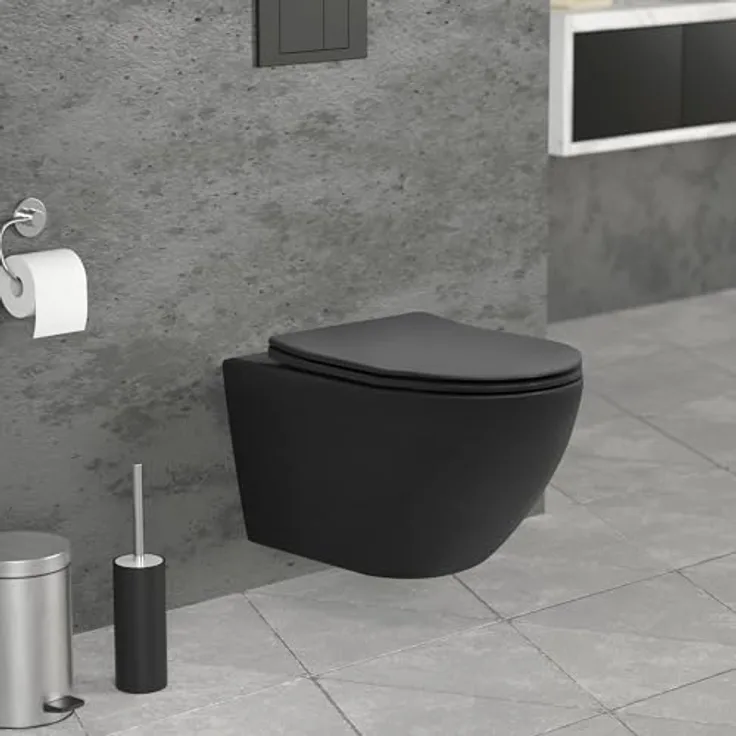 LuxeBath Wand WC Spülrandlos Schwarz matt, Tiefspüler Keramik Hänge WC lang 53,5 cm mit Softclose-Klodeckel, Tornadospülung, Hängend mit WC-Sitz Absenkautomatik